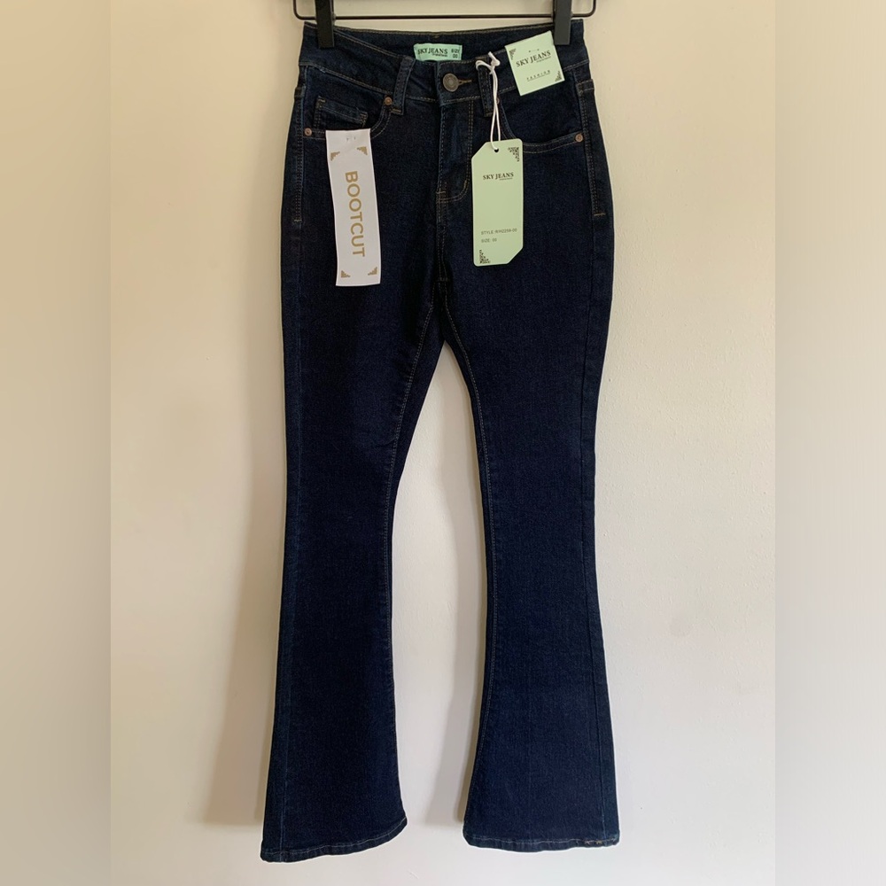 NWT SKY Jeans Size 00 Low Rise Bootcut Flared Dark Blue